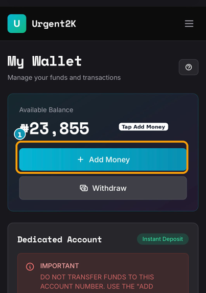 Wallet page showing the Add Money button highlighted