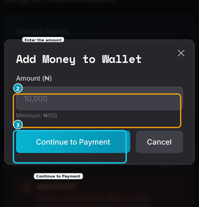Add Money modal with amount field and Continue to Payment button