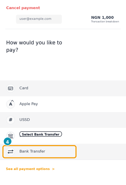 Flutterwave payment options with Bank Transfer selected