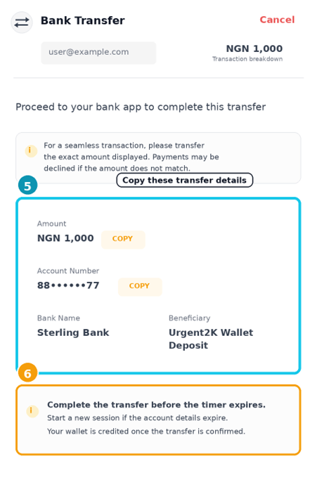 Transfer details screen showing temporary account number, amount, bank name and expiry warning